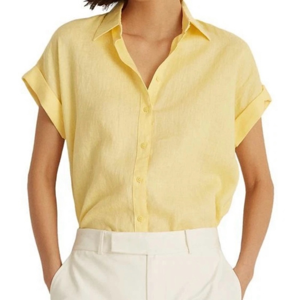 Lauren Ralph Lauren Yellow Linen Short Sleeve Button Down—Size PM